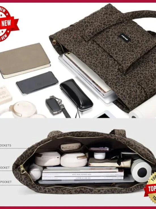 Quilted Tote Bags Set, Lightweight Nylon, Multi-Pocket Design, 16.5x12x5 - Picture 5 of 7